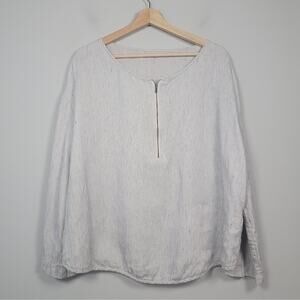 Eileen Fisher M Linen Striped Zip Top Roll Tab Sleeve Blouse